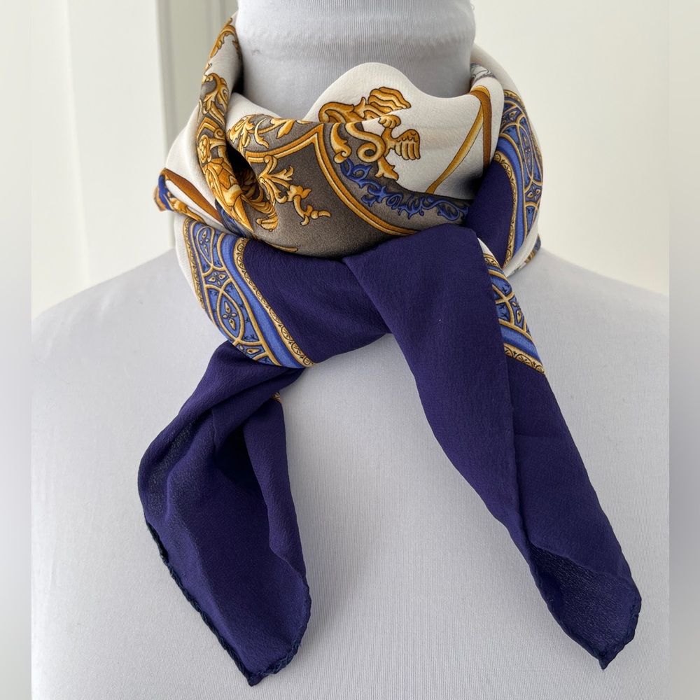 SCARF Square Unsigned Classic Clock Pattern Navy Gold Cream Timeless Chic - Picture 4 of 16
